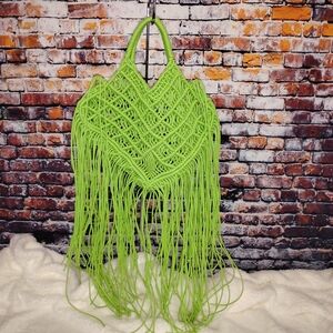 Green Macramé Fringe Tote Bag Boho Chic Hippie Handbag Purse Spring Summer